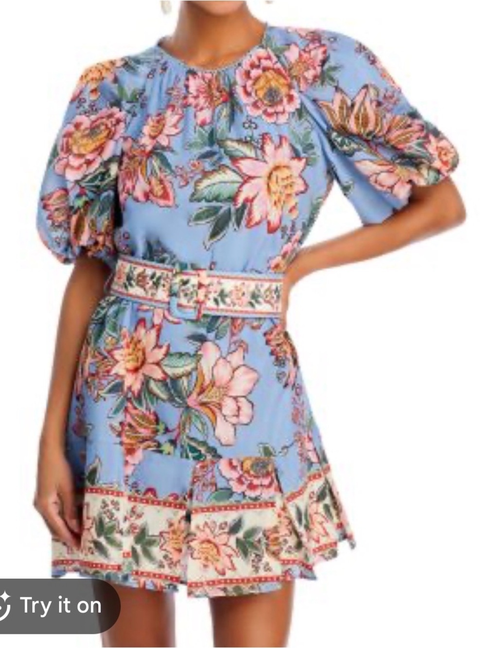 Farm Rio Wonderful Bouquet Blue Floral Mini dress Small Belted Puff Sleeve